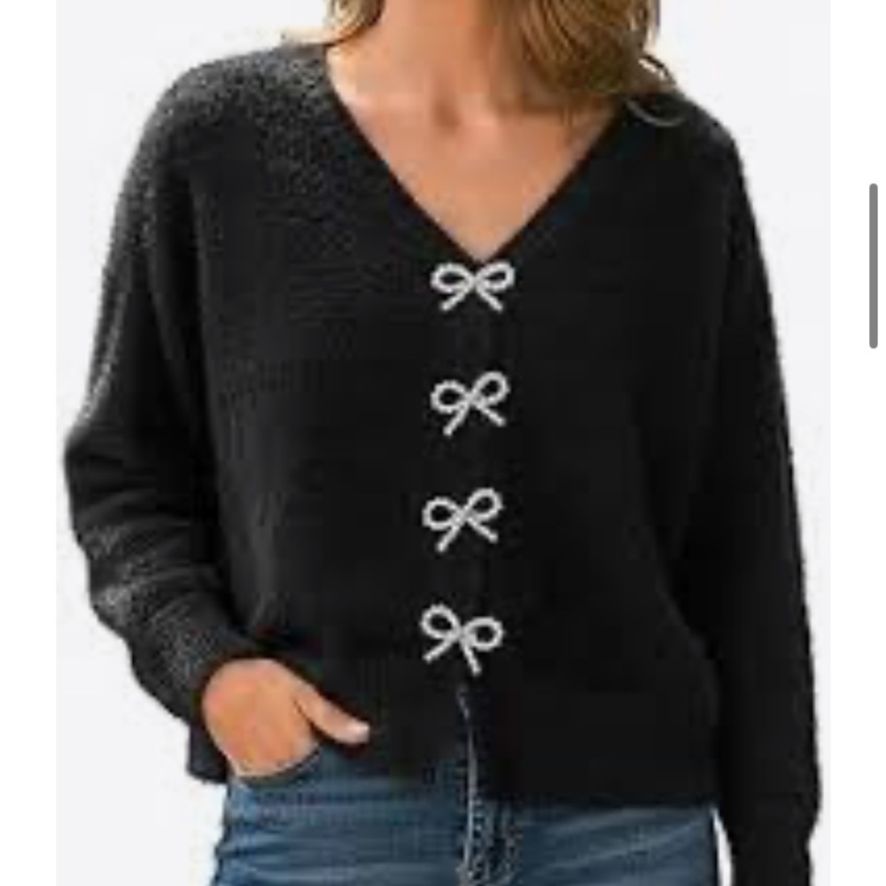 Cupshe  Oversized Black Sweater with Pearl Bow Accents NWOT SIZE XLARGE